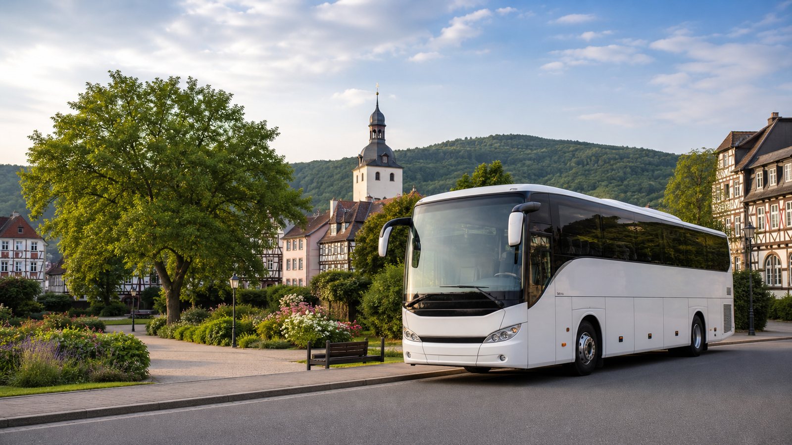 Moderner Reisebus nahe einer historischen Taunusstadt bei Bad Camberg