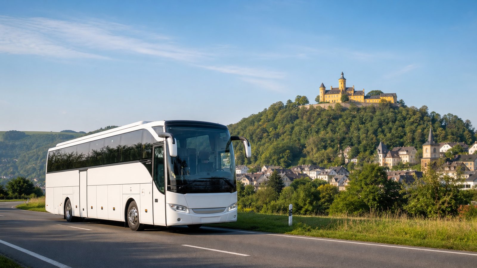 Moderner Reisebus in einer grünen Mittelgebirgslandschaft bei Montabaur